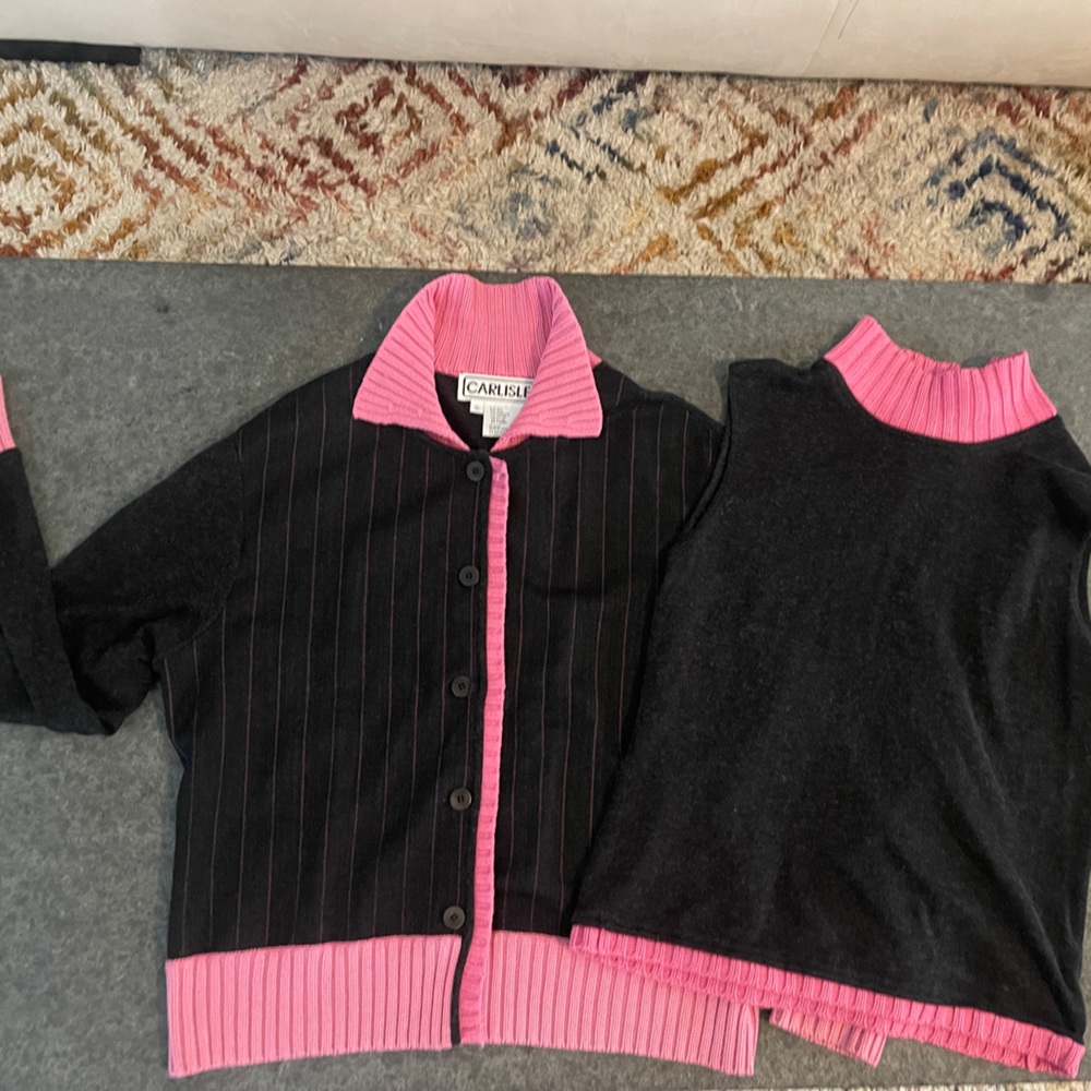 Carlisle Black & Pink 2 Piece Knit Set Sleeveless Sweater and Cardigan/ Sweater